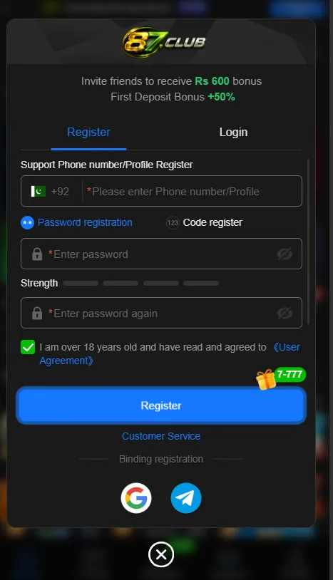  A Pakistani mobile user exploring the 87 Club app interface on an Android smartphone