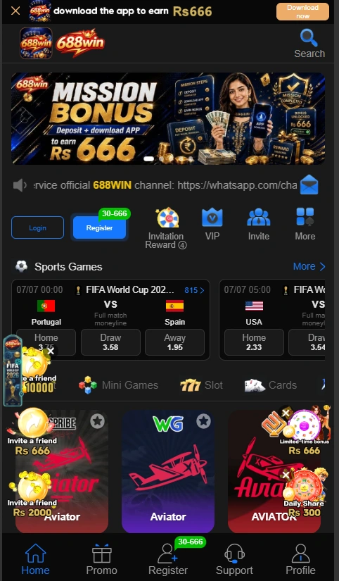 A beginner exploring the user dashboard of the 688Win Game on a modern Android device in Pakistan.