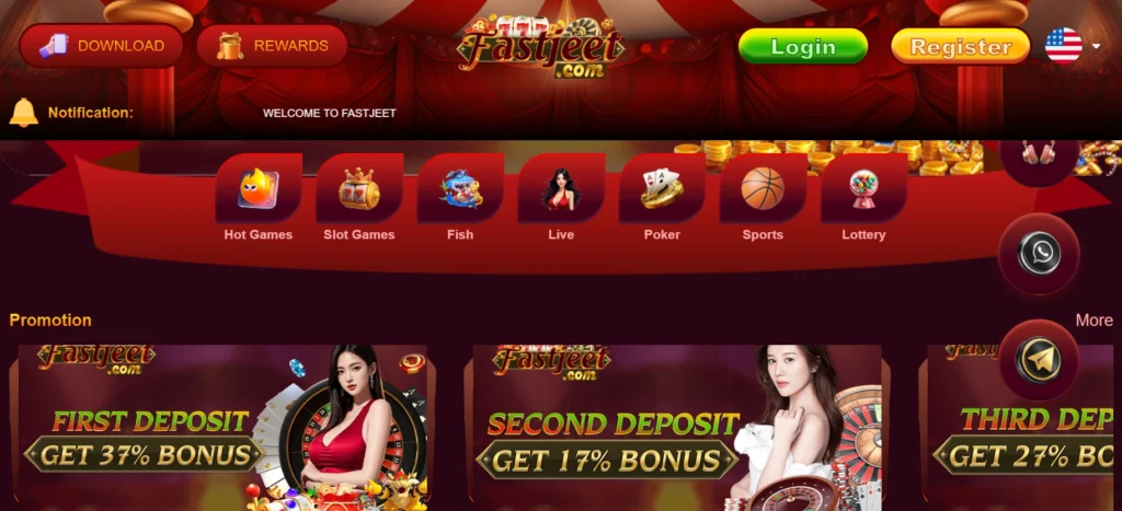Fast Jeet APK homepage showing login, register, rewards, sports, slots, poker, fish games, and promotional bonus offers for Android users.