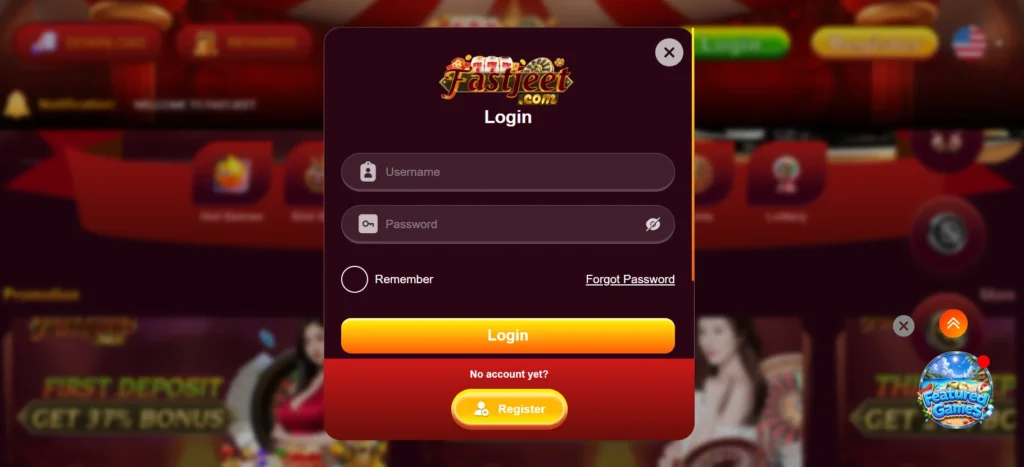 Fast Jeet APK homepage showing login, register, rewards, sports, slots, poker, fish games, and promotional bonus offers for Android users.